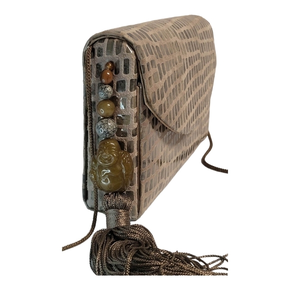 RARE Rafael Sanchez Suede Leather Crossbody BUDDHA stone charm, beads & tassels - Picture 9 of 15